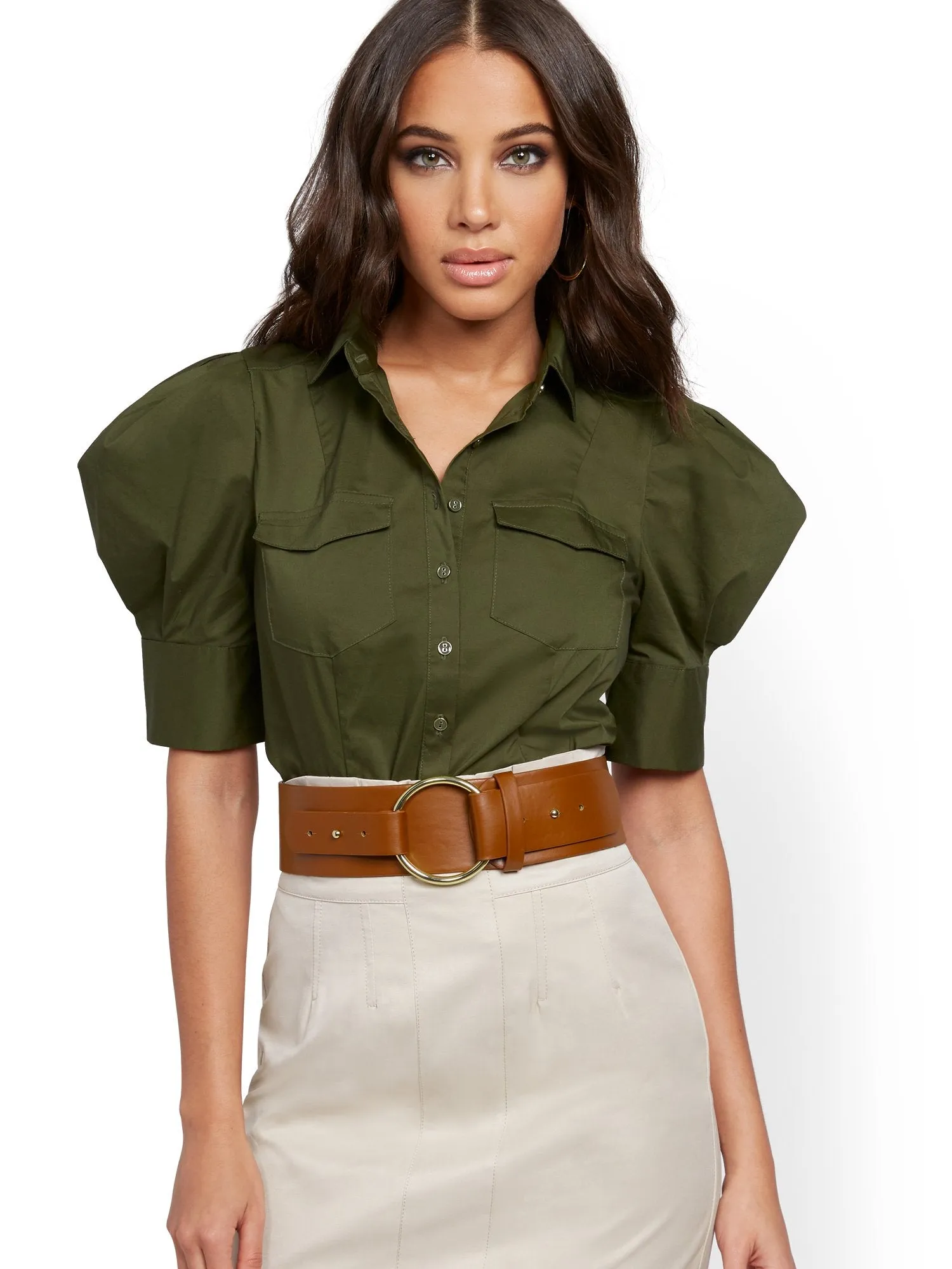 Petite Olive Puff-Sleeve Poplin Shirt