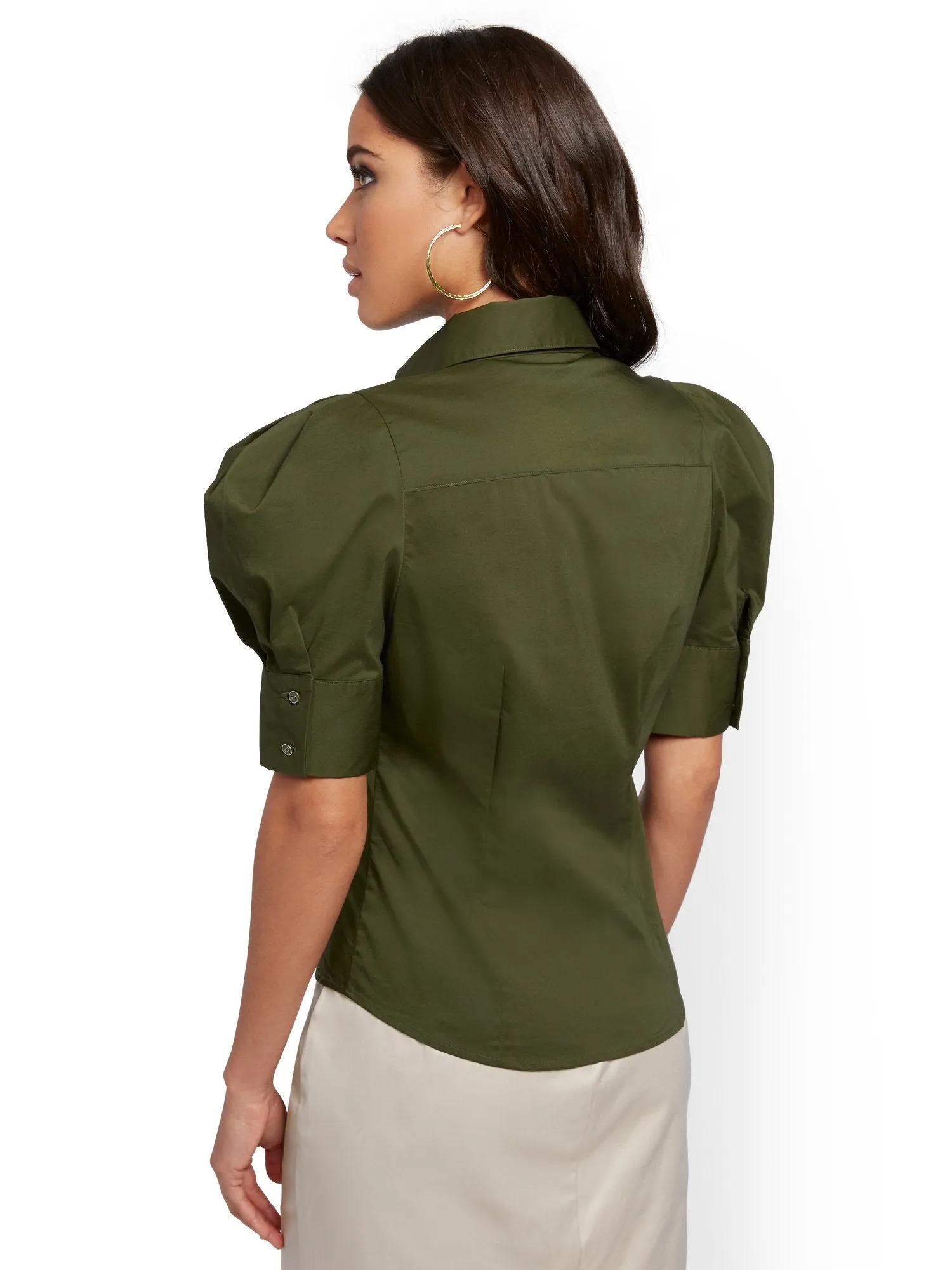 Petite Olive Puff-Sleeve Poplin Shirt