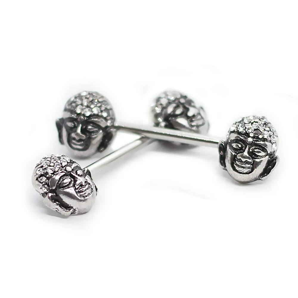 Pierce2GO 14G 2 Pcs Stainless Steel Buddha Face Nipplerings Piercing Women Bar 316L 9/16" Barbell