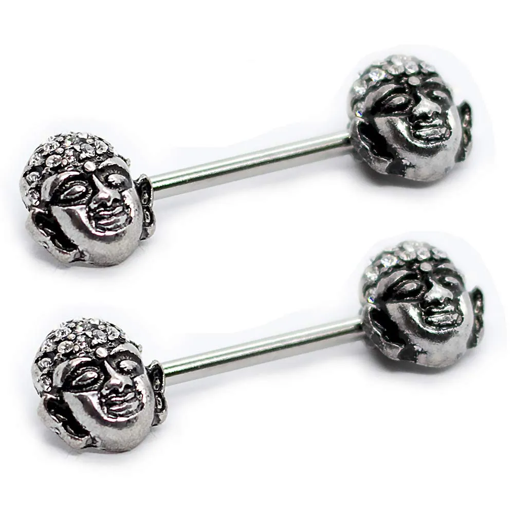 Pierce2GO 14G 2 Pcs Stainless Steel Buddha Face Nipplerings Piercing Women Bar 316L 9/16" Barbell