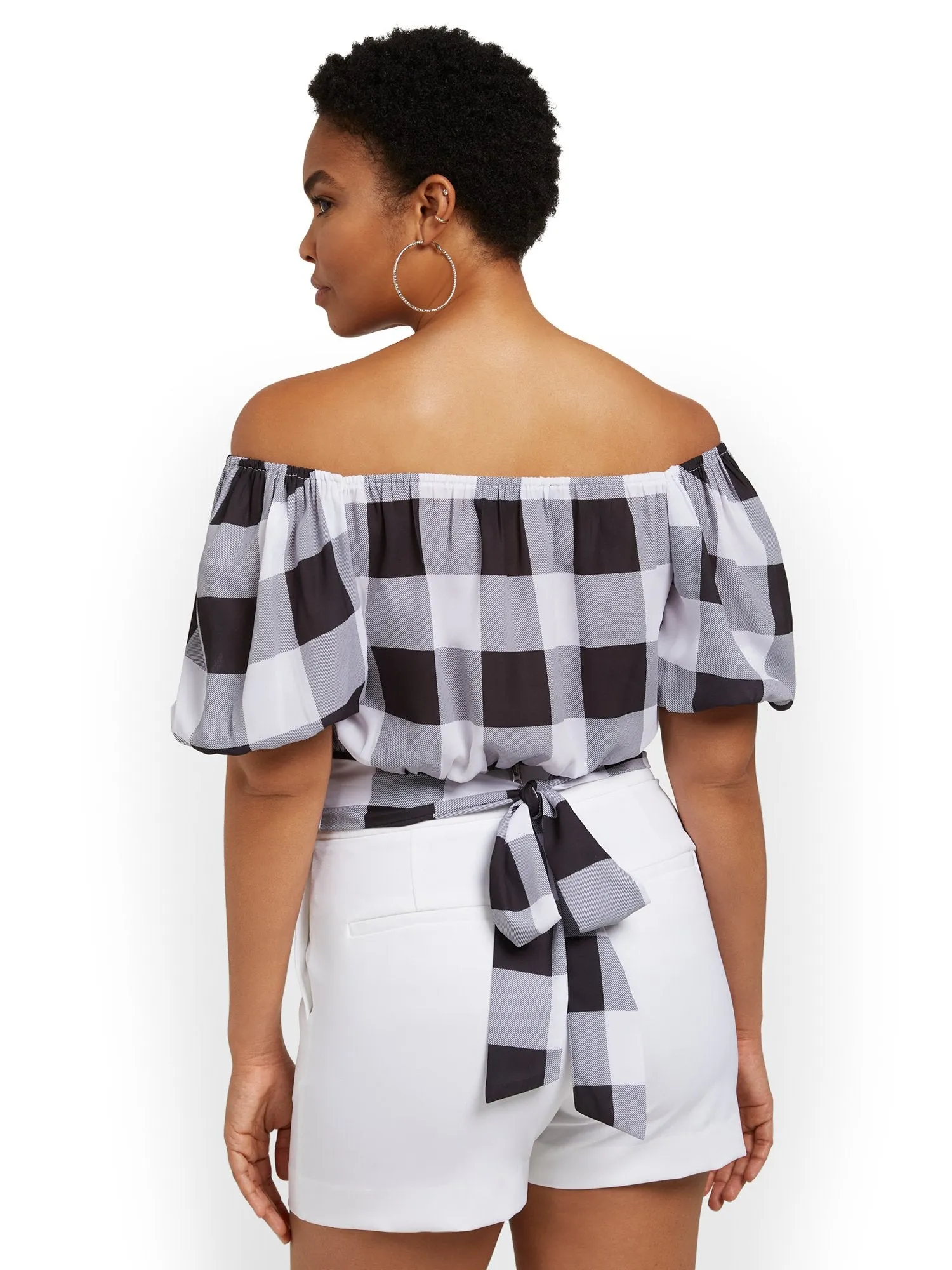 Plaid Off-The-Shoulder Tie-Back Blouse