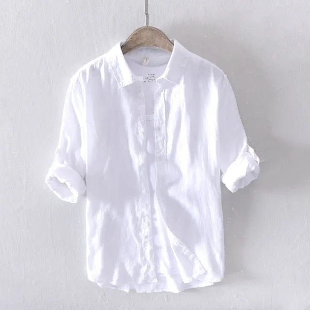 Pure Linen Shirts for Men Long Sleeve Casual Turn-down Collar Basic Classic Tops Male Fashion Solid Color Retro Clothing