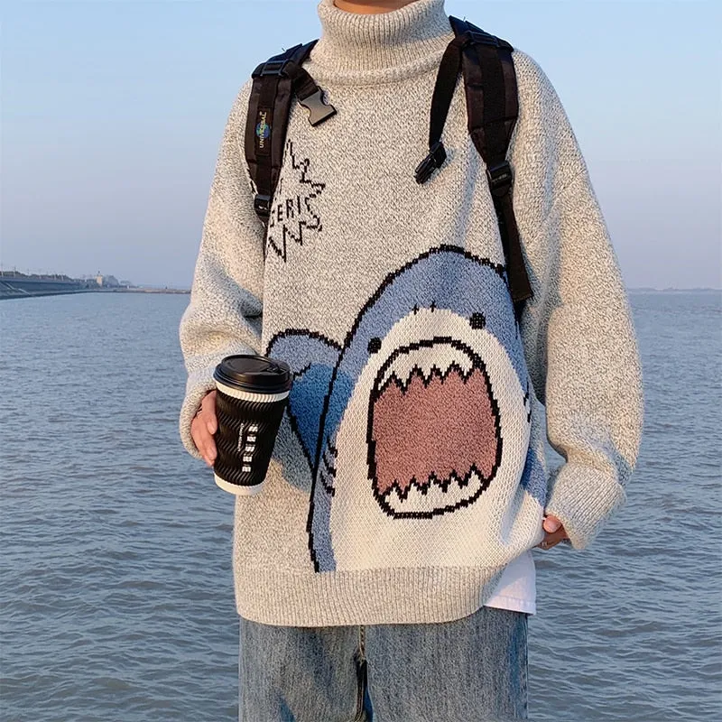 Purpdrank - drank Men Turtlenecks Shark Sweater Men Winter Patchwor Harajuku Korean Style High Neck Oversized Grey Turtleneck For Men