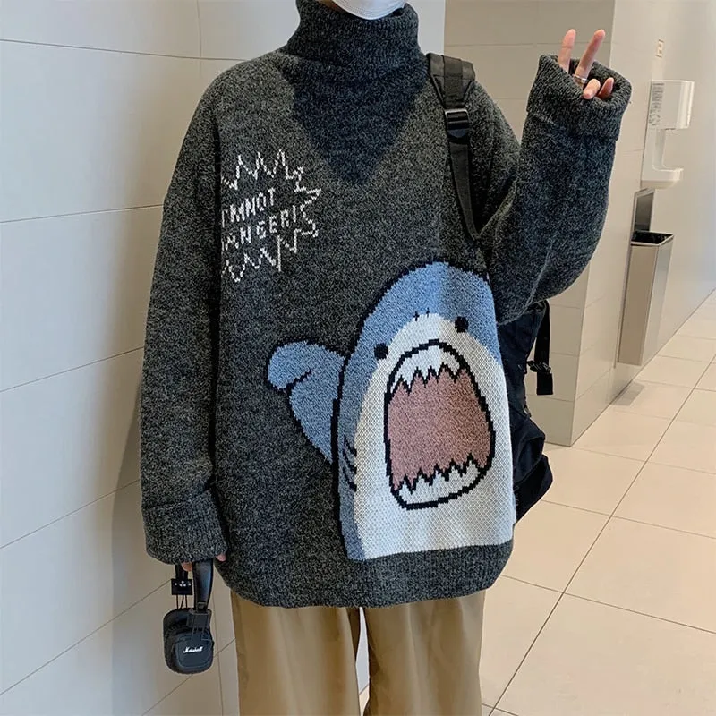 Purpdrank - drank Men Turtlenecks Shark Sweater Men Winter Patchwor Harajuku Korean Style High Neck Oversized Grey Turtleneck For Men