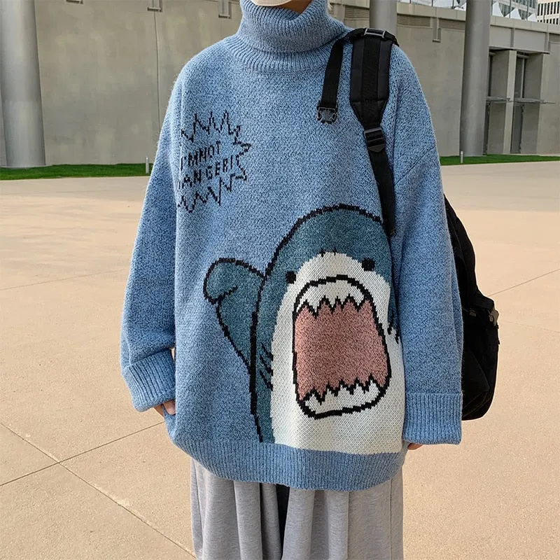 Purpdrank - drank Men Turtlenecks Shark Sweater Men Winter Patchwor Harajuku Korean Style High Neck Oversized Grey Turtleneck For Men