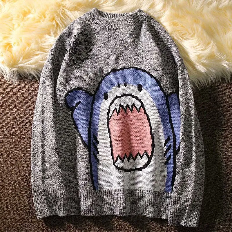 Purpdrank - drank Men Turtlenecks Shark Sweater Men Winter Patchwor Harajuku Korean Style High Neck Oversized Grey Turtleneck For Men