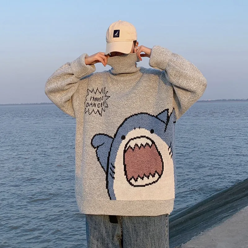 Purpdrank - drank Men Turtlenecks Shark Sweater Men Winter Patchwor Harajuku Korean Style High Neck Oversized Grey Turtleneck For Men