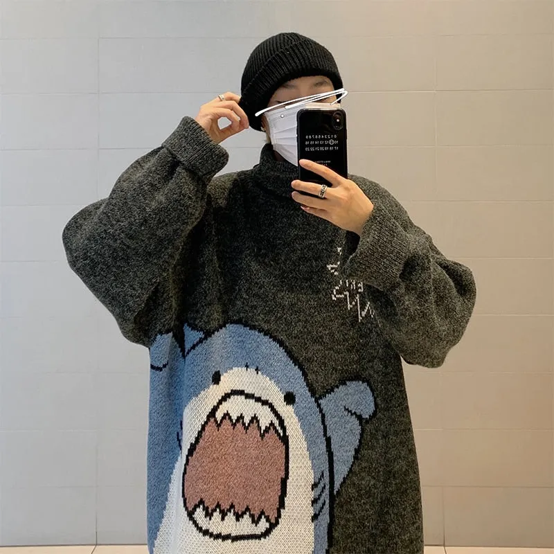 Purpdrank - drank Men Turtlenecks Shark Sweater Men Winter Patchwor Harajuku Korean Style High Neck Oversized Grey Turtleneck For Men