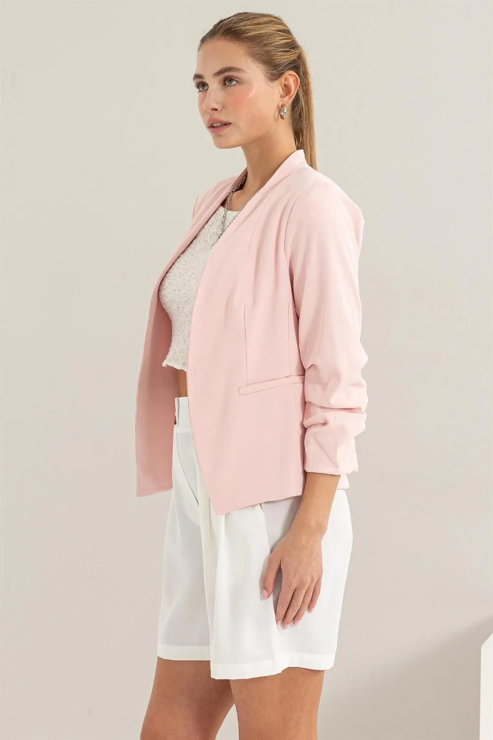 Ruched Sleeve Pink Blazer