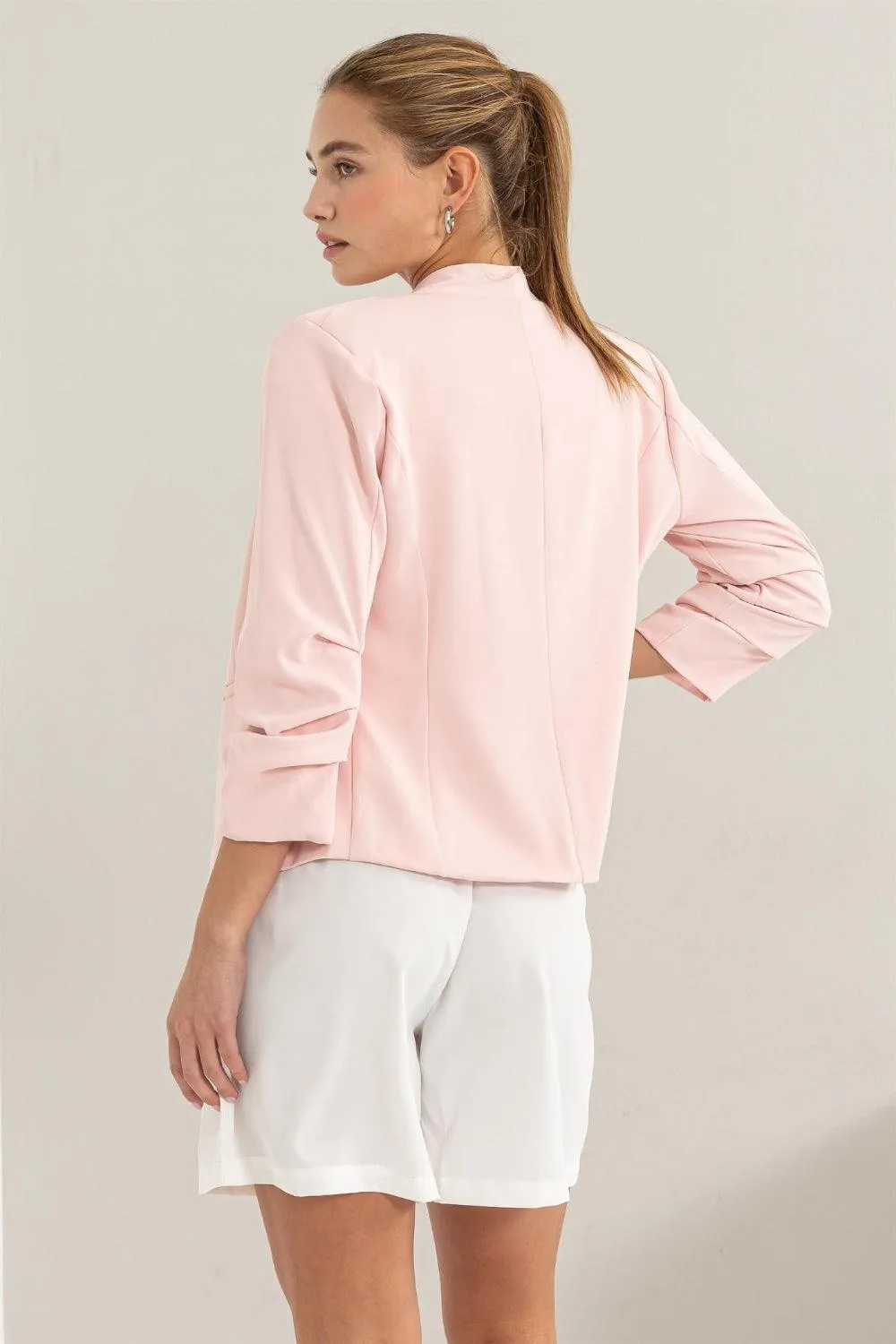 Ruched Sleeve Pink Blazer