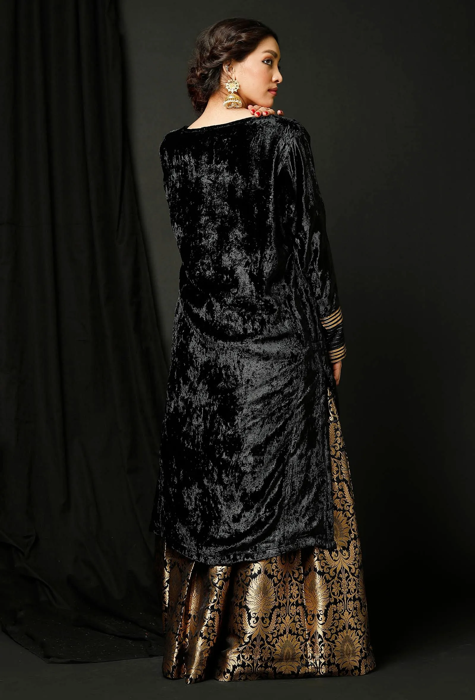 Set of 2 : Black Velvet Phiran and Black Banarsi Brocade Skirt