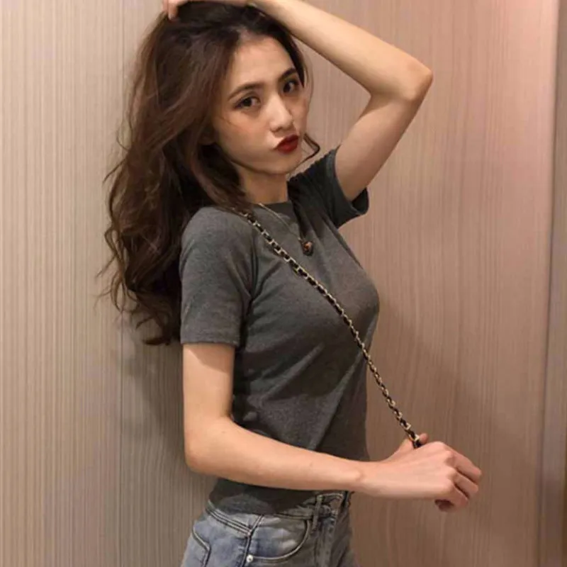 Short Sleeve T-Shirt Women Summer Korean Slimming Round-Neck Student Solid Colored INS Student Tops T-Shirt