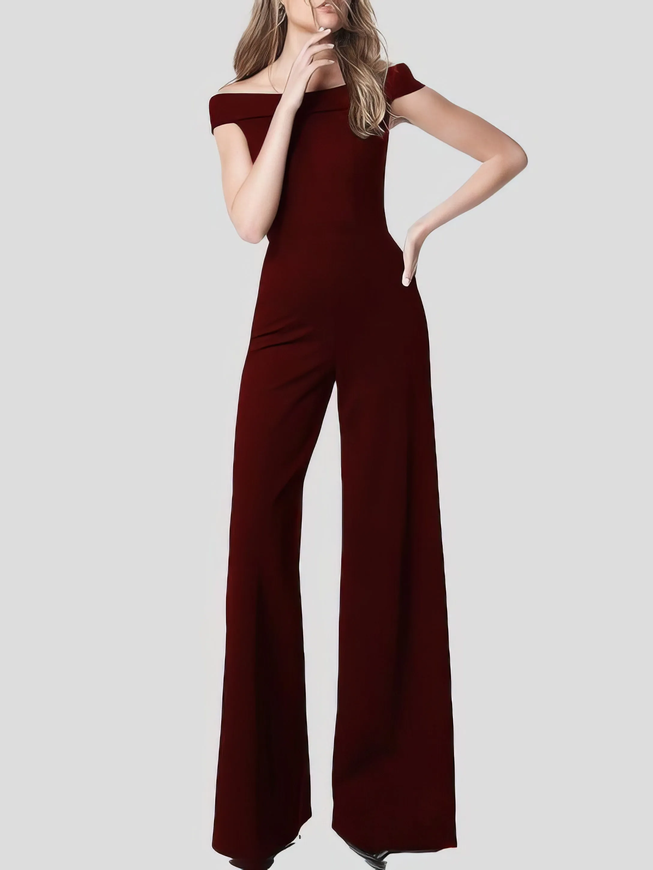 Solid One Line Collar Elegant Jumpsuit for Women