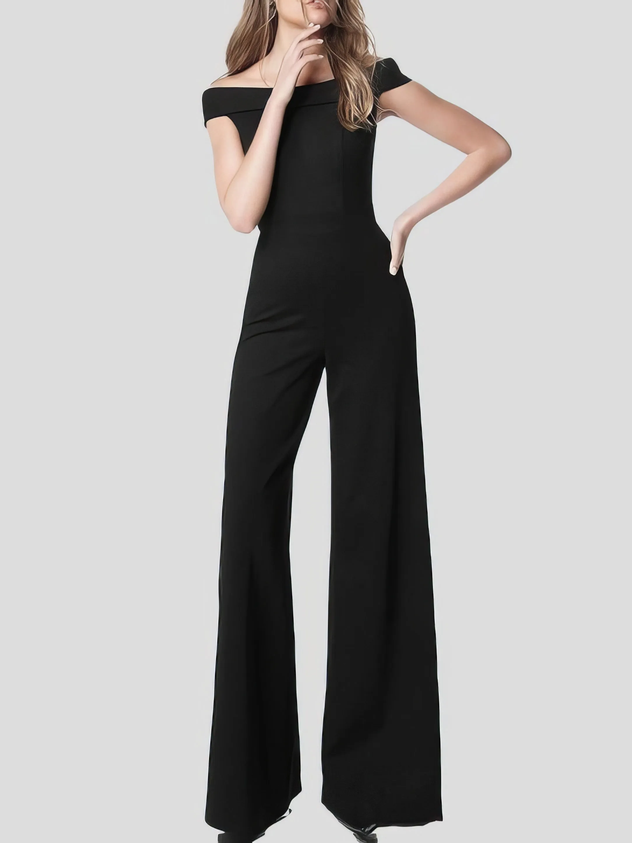 Solid One Line Collar Elegant Jumpsuit for Women