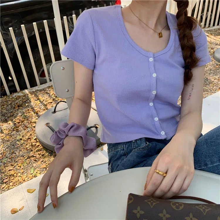 Summer Korean INS Short Popular Cardigan Purple Tops Feminine Bare Belly Short Sleeve T-Shirt Women Outerwear