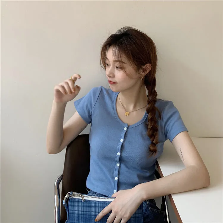 Summer Korean INS Short Popular Cardigan Purple Tops Feminine Bare Belly Short Sleeve T-Shirt Women Outerwear