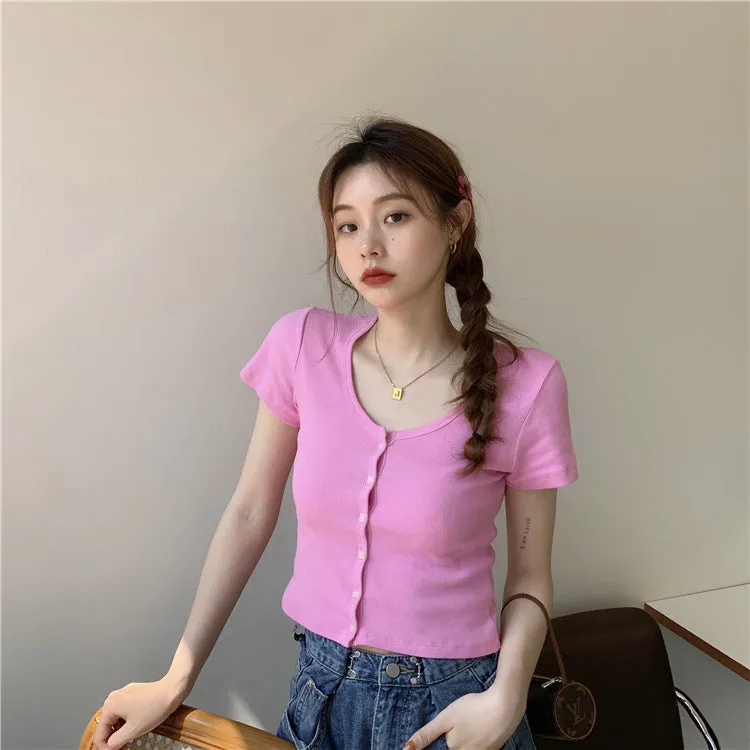 Summer Korean INS Short Popular Cardigan Purple Tops Feminine Bare Belly Short Sleeve T-Shirt Women Outerwear