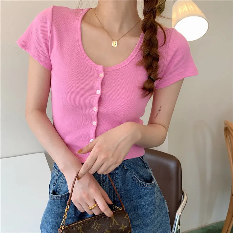 Summer Korean INS Short Popular Cardigan Purple Tops Feminine Bare Belly Short Sleeve T-Shirt Women Outerwear