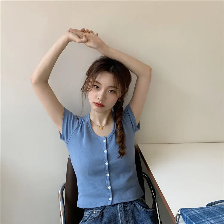 Summer Korean INS Short Popular Cardigan Purple Tops Feminine Bare Belly Short Sleeve T-Shirt Women Outerwear