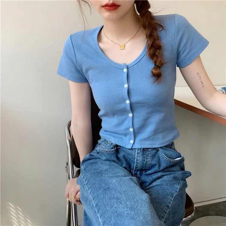 Summer Korean INS Short Popular Cardigan Purple Tops Feminine Bare Belly Short Sleeve T-Shirt Women Outerwear