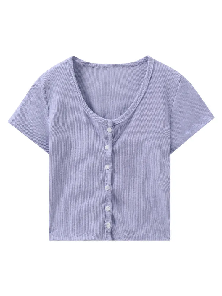 Summer Korean INS Short Popular Cardigan Purple Tops Feminine Bare Belly Short Sleeve T-Shirt Women Outerwear