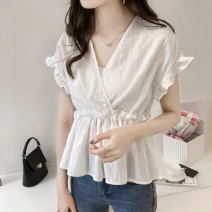 Summer Trendy Ruffle Short Sleeve V-Neck Striped Blouse Feminine Elegant Slim Look Korean Shirt Blouse