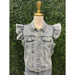 Washed Ruffle Sleeve Button-Up Denim Jacket