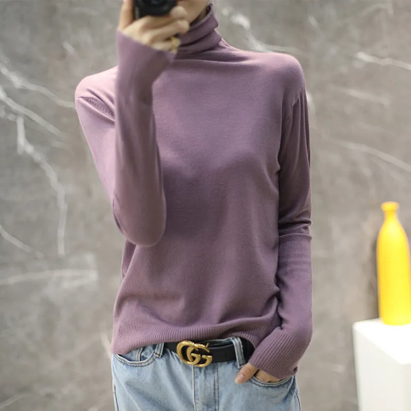 Women Wool Turtleneck All-Matching High Collar Slimming Sweater