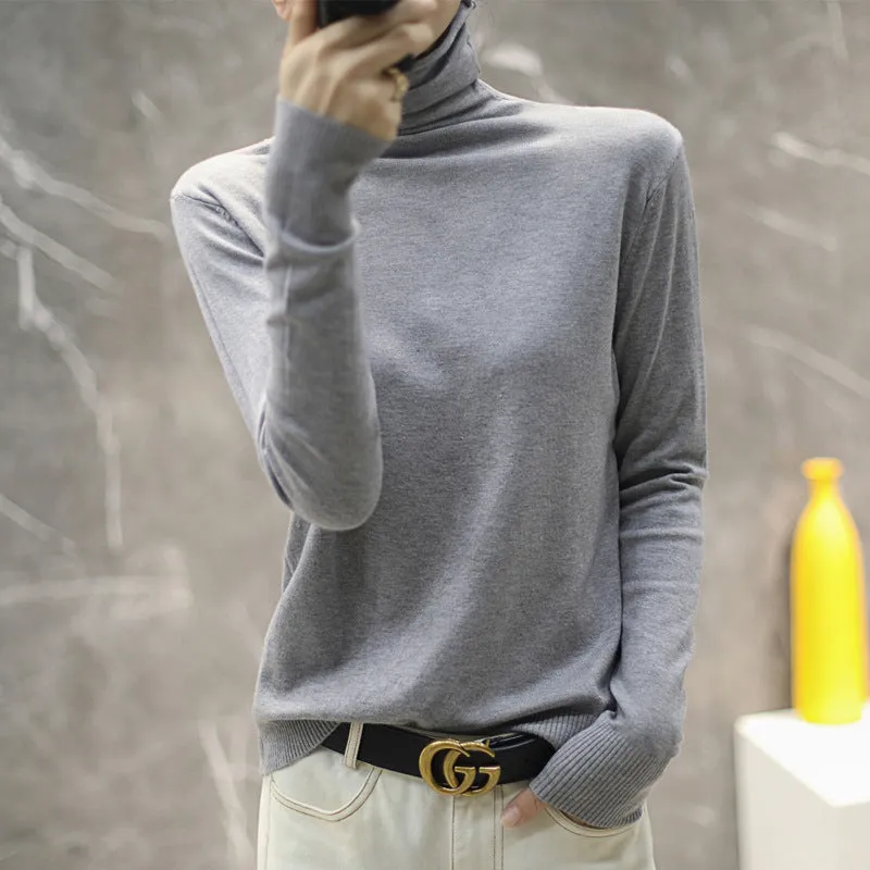 Women Wool Turtleneck All-Matching High Collar Slimming Sweater