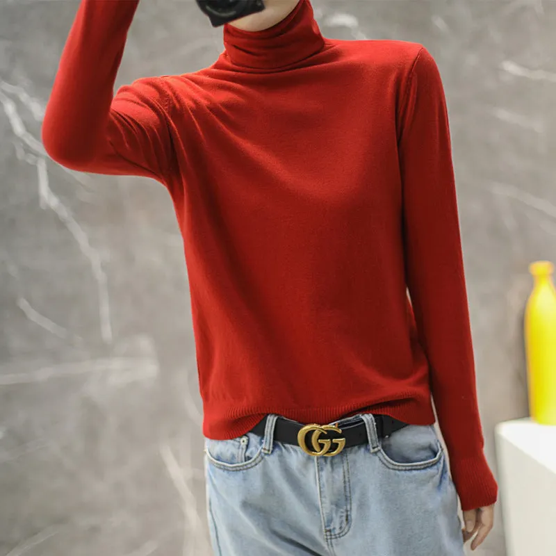 Women Wool Turtleneck All-Matching High Collar Slimming Sweater