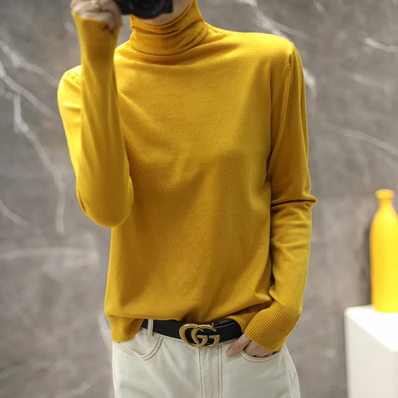 Women Wool Turtleneck All-Matching High Collar Slimming Sweater