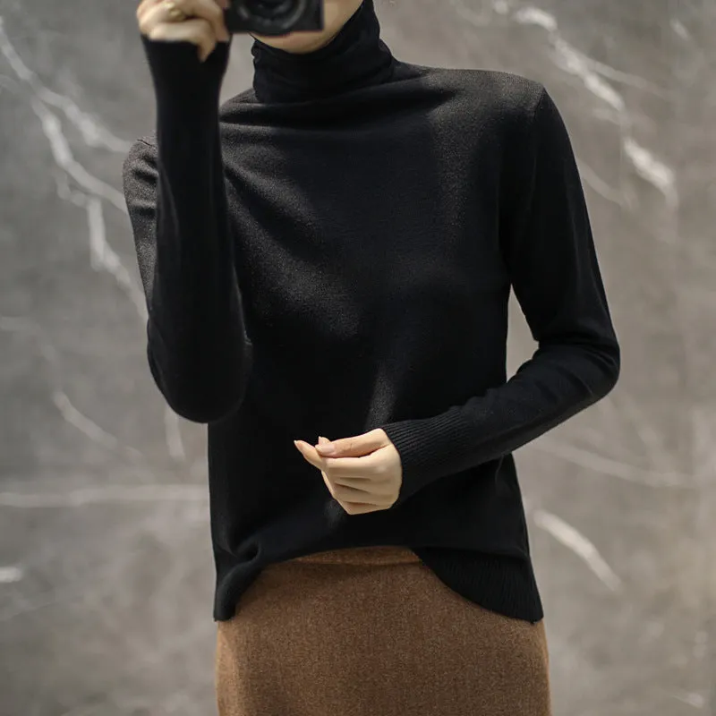 Women Wool Turtleneck All-Matching High Collar Slimming Sweater