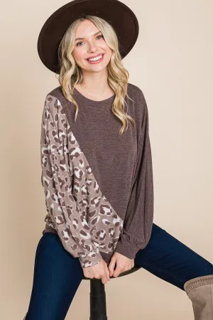 Women's Cute Animal French Terry Brush Contrast Print Pullover With Cuff Detail