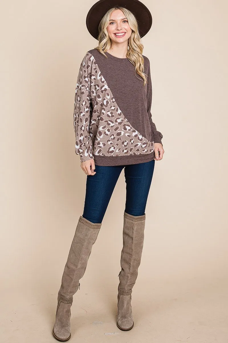 Women's Cute Animal French Terry Brush Contrast Print Pullover With Cuff Detail