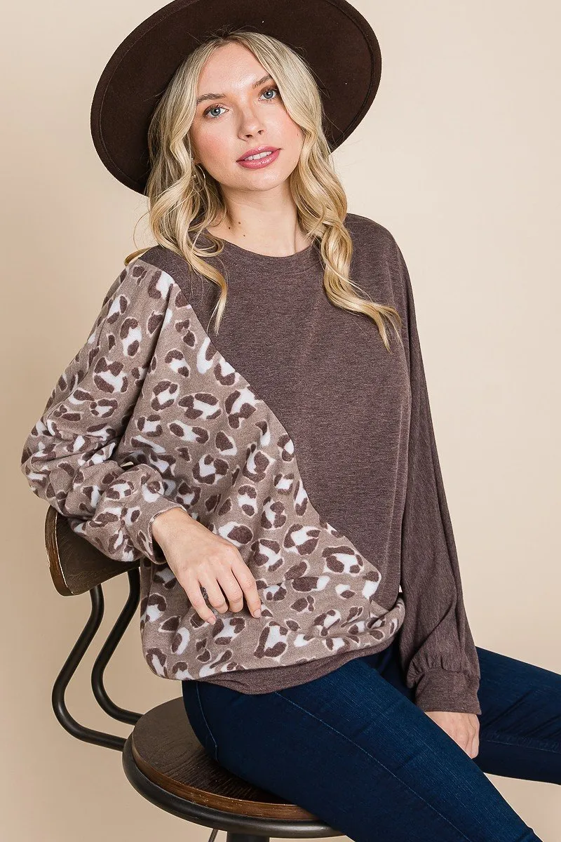 Women's Cute Animal French Terry Brush Contrast Print Pullover With Cuff Detail