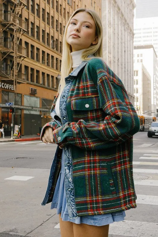 Women's Flannel Green Shacket With Denim Contrast Jacket