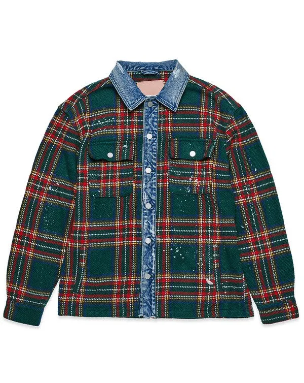 Women's Flannel Green Shacket With Denim Contrast Jacket