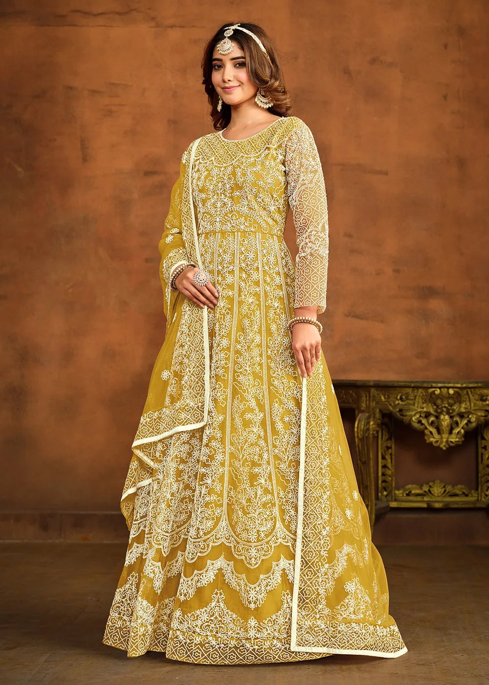 Yellow All Over Embroidered Net Wedding Anarkali Suit