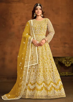 Yellow All Over Embroidered Net Wedding Anarkali Suit