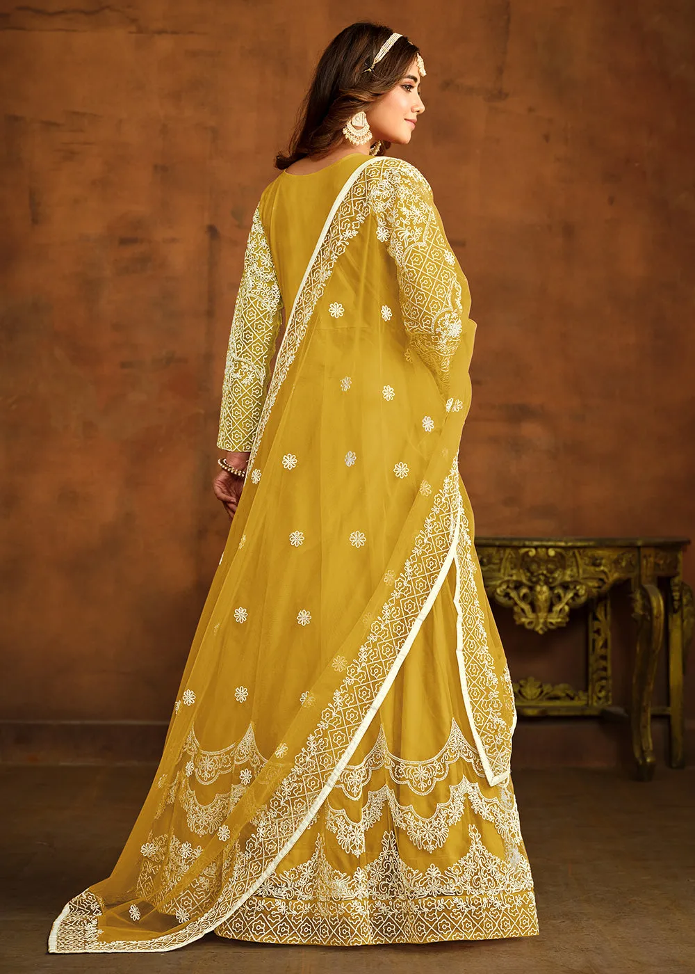 Yellow All Over Embroidered Net Wedding Anarkali Suit